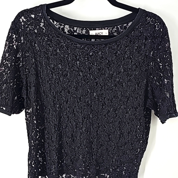 Juicy Black Sheer Lace Crew Neck Short Sleeve Tank Top Whimsigoth Fairycore - Picture 1 of 11